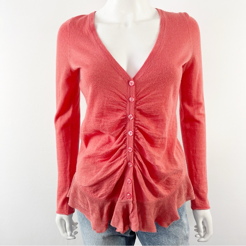 Anthropologie Rosie Neira Pink Long Sleeve Ruffle Cardigan Sweater Size S Boho